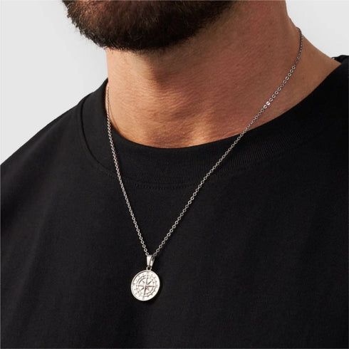 Hallmark Silver Compass Men Pendant Link Chain