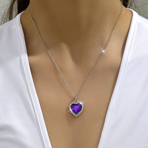 Hallmarked Silver Purple Heart Pendant With Chain