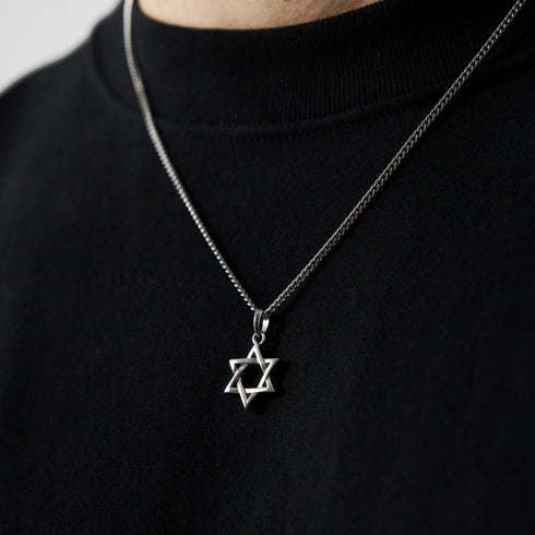 Hallmark Silver Star of David Men Pendant Cuban Chain