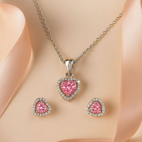 Zarkan 925 Hallmark Pink Power Diamond Pure Silver Pendant Set