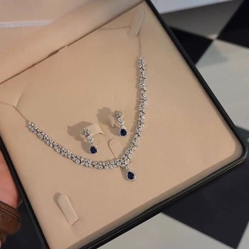 Hallmark Silver Dark Blue Ad Elegant & Fashionable Evening Party Wedding Jewelry Set