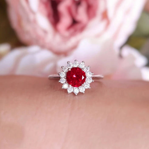 Zarkan 925 Silver Red Flower Solitaire American Diamond Ring