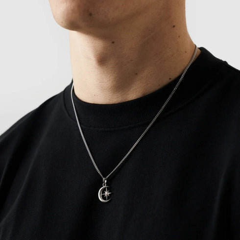 Hallmark Silver Moon & Star Men Pendant Cuban Chain