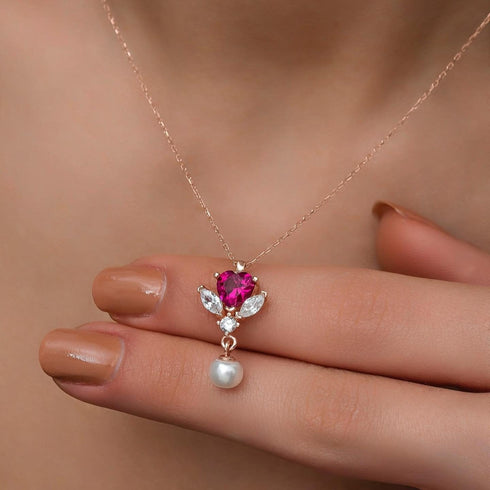 Hallmark Silver Pearl Detail Pink Heart Rose Gold Necklace