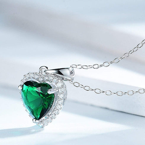 Hallmarked Silver Emerald Heart Pendant With Chain