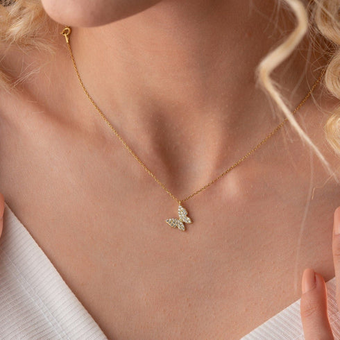 Hallmark Silver Gold Zircon Stone Tiny Butterfly Necklace