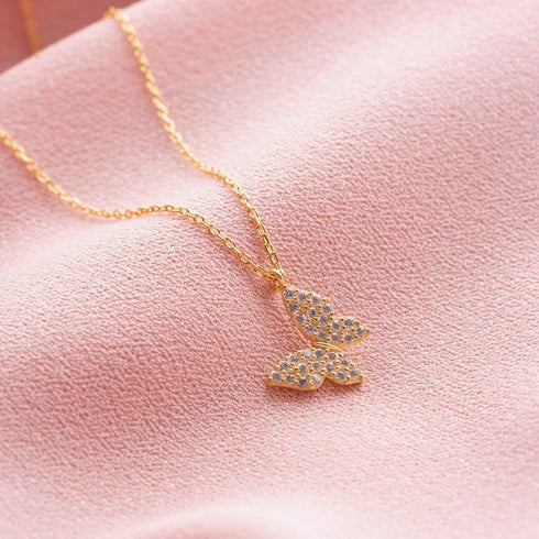 Hallmark Silver Gold Zircon Stone Tiny Butterfly Necklace