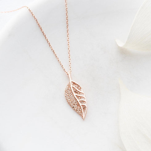 Hallmark Silver Rose Gold Zircon Leaf Design Necklace