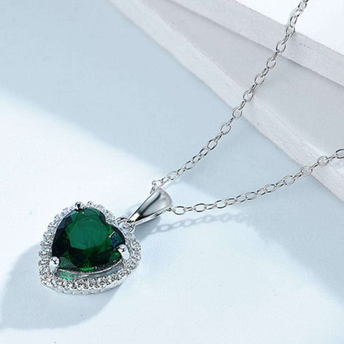 Hallmarked Silver Emerald Heart Pendant With Chain