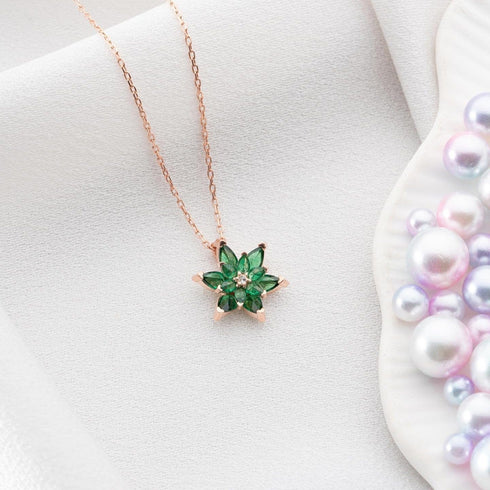 Hallmark Silver Sterling Rose Gold Green Lotus Flower Necklace