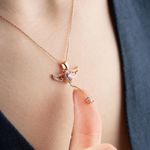 Hallmark Silver Rose Gold Plated Pink Winged Heart Necklace