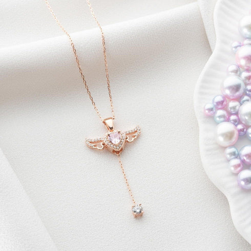 Hallmark Silver Rose Gold Plated Pink Winged Heart Necklace