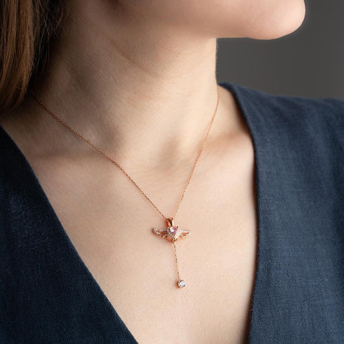 Hallmark Silver Rose Gold Plated Pink Winged Heart Necklace