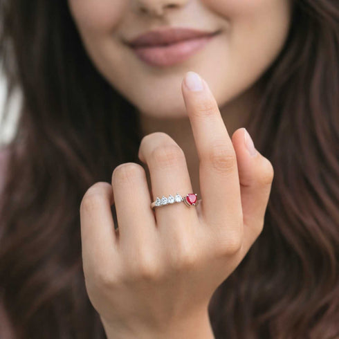 Zarkan 925 Silver Ruby Heart Solitaire American Diamond Heart Ring