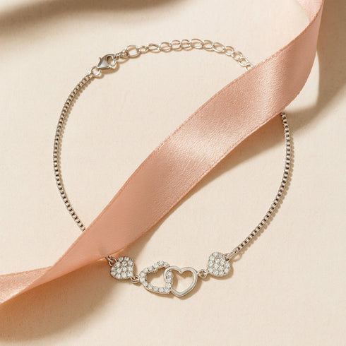 Charming Dual Link Heart 925 Sterling Silver Bracelet