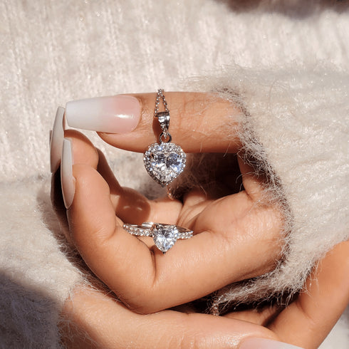 Hallmark Silver White Heart Cut Solitaire Ring And Pendant Gift Set