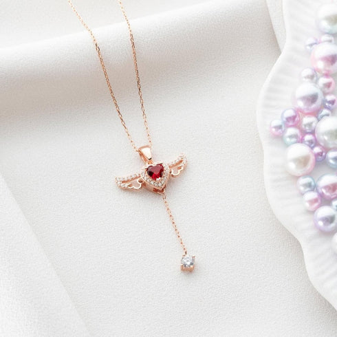 Hallmark Silver Rose Gold Plated Red Winged Heart Necklace