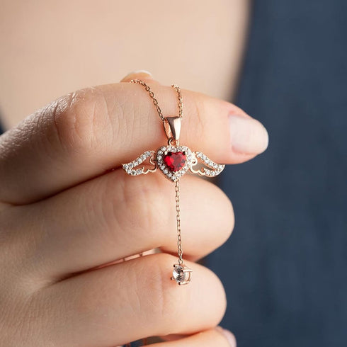 Hallmark Silver Rose Gold Plated Red Winged Heart Necklace