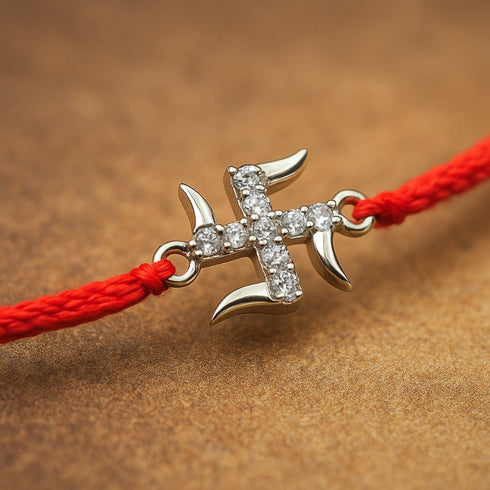 Zarkan Pure Silver 925 Swastik Rakhi With Roli Chawal