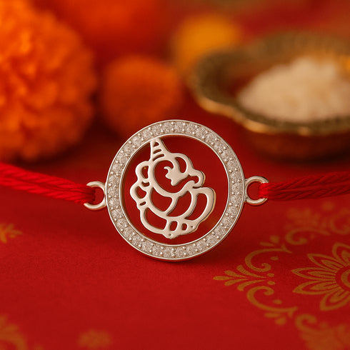 Zarkan Ganesh ji Precious Silver Rakhi With Roli Chawal