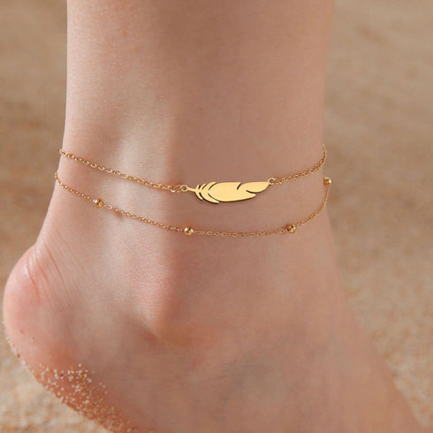 Hallmark Silver Feather Double-layer Beaded Gold Plated Anklet For Women