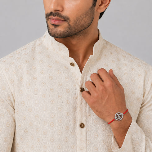 Zarkan Khanda Precious Silver Rakhi With Roli Chawal
