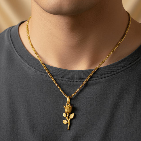 Hallmark Silver Gold Plated Rose Men Pendant Cuban Chain