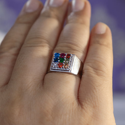 Zarkan 925 Silver Navratna American Diamond Ring For Men