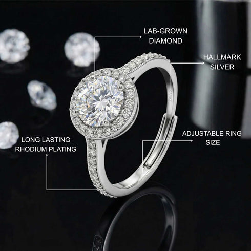 0.75 Carat Moissanite Diamond Round Rays Silver Ring for women - Free Size