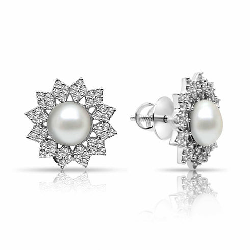 Floral Pearl AD Pure Silver Earrings