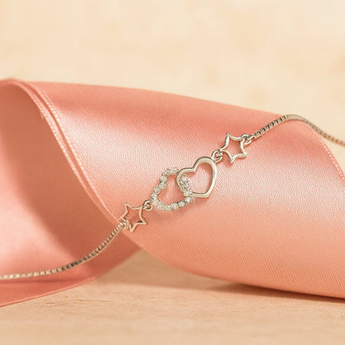 Zarkan 925 Silver Heart Link Star Charm Bracelet