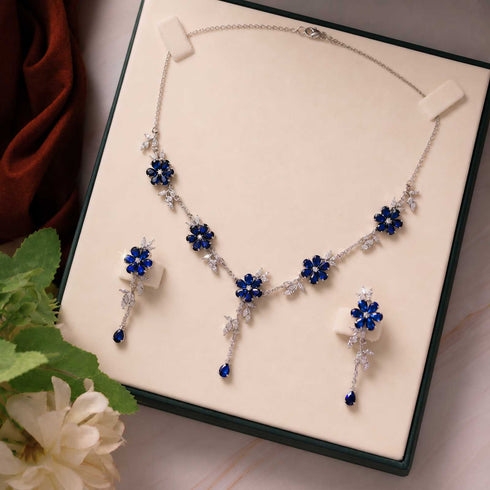 Hallmark Silver Necklace Set with Blue Crystal Flower Pendant
