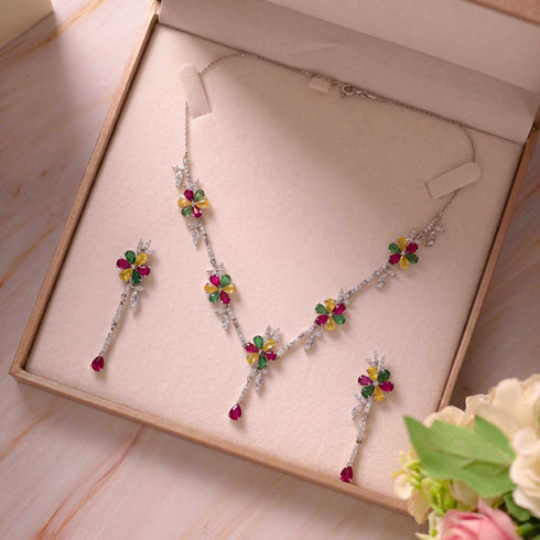 Hallmark Silver Necklace Set with Multi Color Crystal Flower Pendant