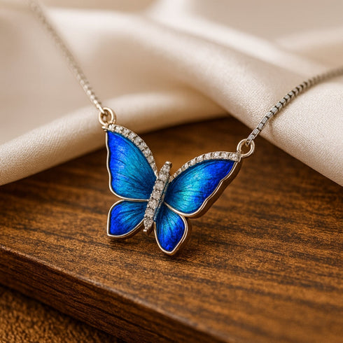 Sterling Silver Blue Butterfly Necklace For Girls And Women