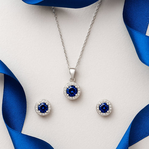 Zarkan Navy Blue Delight Dot Silver Jewelry Set