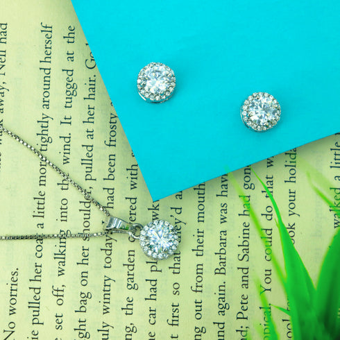 Zarkan 925 Silver American Diamond Solitaire Pendant Set