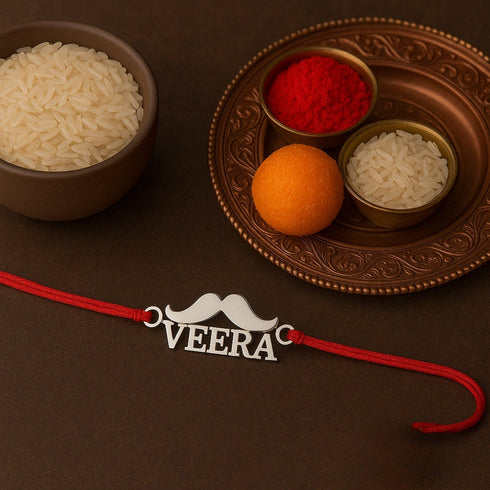 Zarkan Mustache Veera Pure Silver Rakhi With Roli Chawal