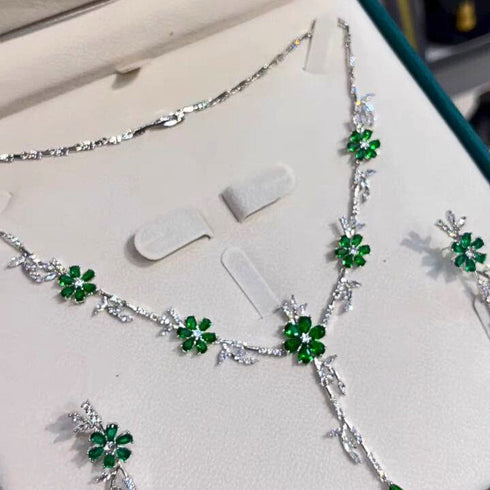 Hallmark Silver Necklace Set with Green Crystal Flower Pendant