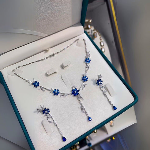 Hallmark Silver Necklace Set with Blue Crystal Flower Pendant