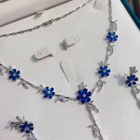 Hallmark Silver Necklace Set with Blue Crystal Flower Pendant