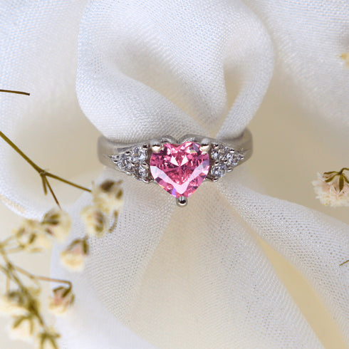 Hallmarked Silver Love Baby Pink Heart Adjustable Engagement Ring