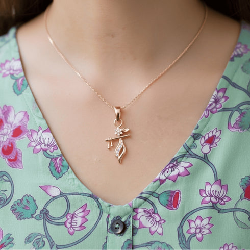 Hallmark Silver Krishna Bansuri Rose Gold Plated Pendant With Chain