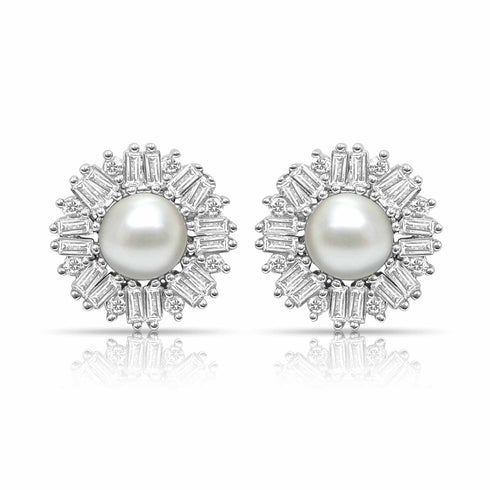 925 Silver Pearl Elegant Tops Earring With Rectangle AD