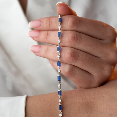 Hallmark Silver Dark Bule Baguette Stone Detailed Bracelet