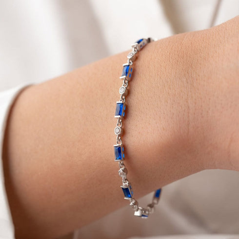 Hallmark Silver Dark Bule Baguette Stone Detailed Bracelet