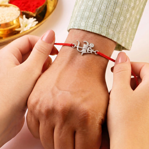Zarkan Shiva Trishul Precious Silver Rakhi With Roli Chawal