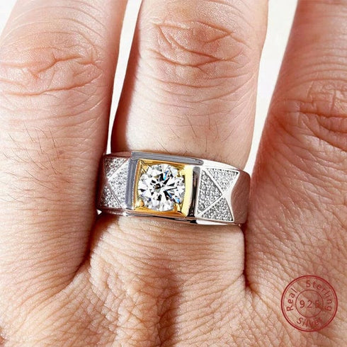 Hallmarked Two Tone Silver Ring With American Diamond For Men