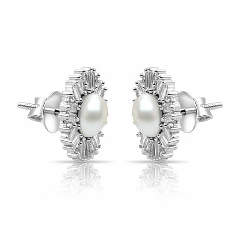925 Silver Pearl Elegant Tops Earring With Rectangle AD