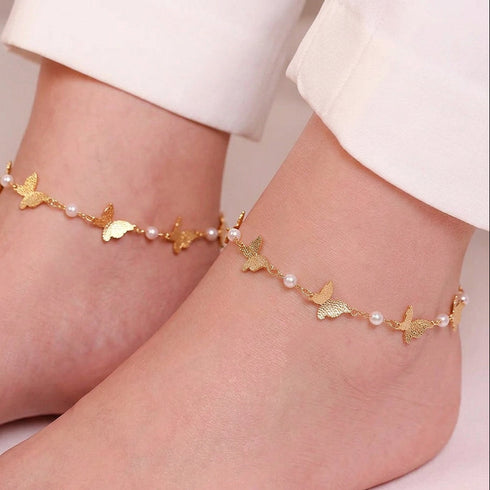 Hallmark Silver Fashionable Butterfly & Pearl Design Anklet For Women