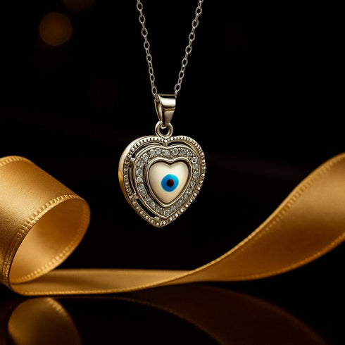 Zarkan 925 Silver Evil Eye Heart Pendant With Link Chain